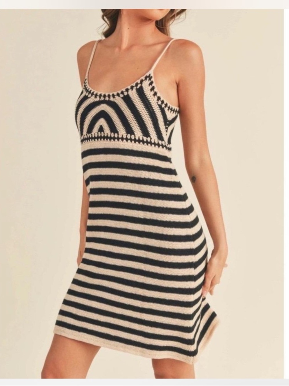 Miou Muse Crochet Knit Color Block Dress Black Tan Women's Small